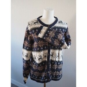 Vintage Fair Isle Reindeer Navy Knit Button down sweater Christmas Large